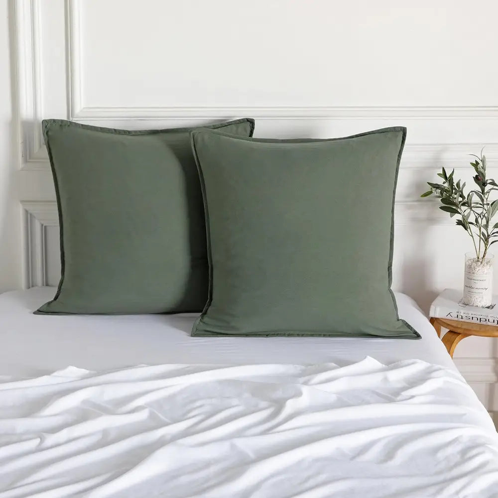 Vintage Washed Microfibre European Pillowcases - Set of 2 Luxurious European Pillow Covers - Khaki Green - Home &