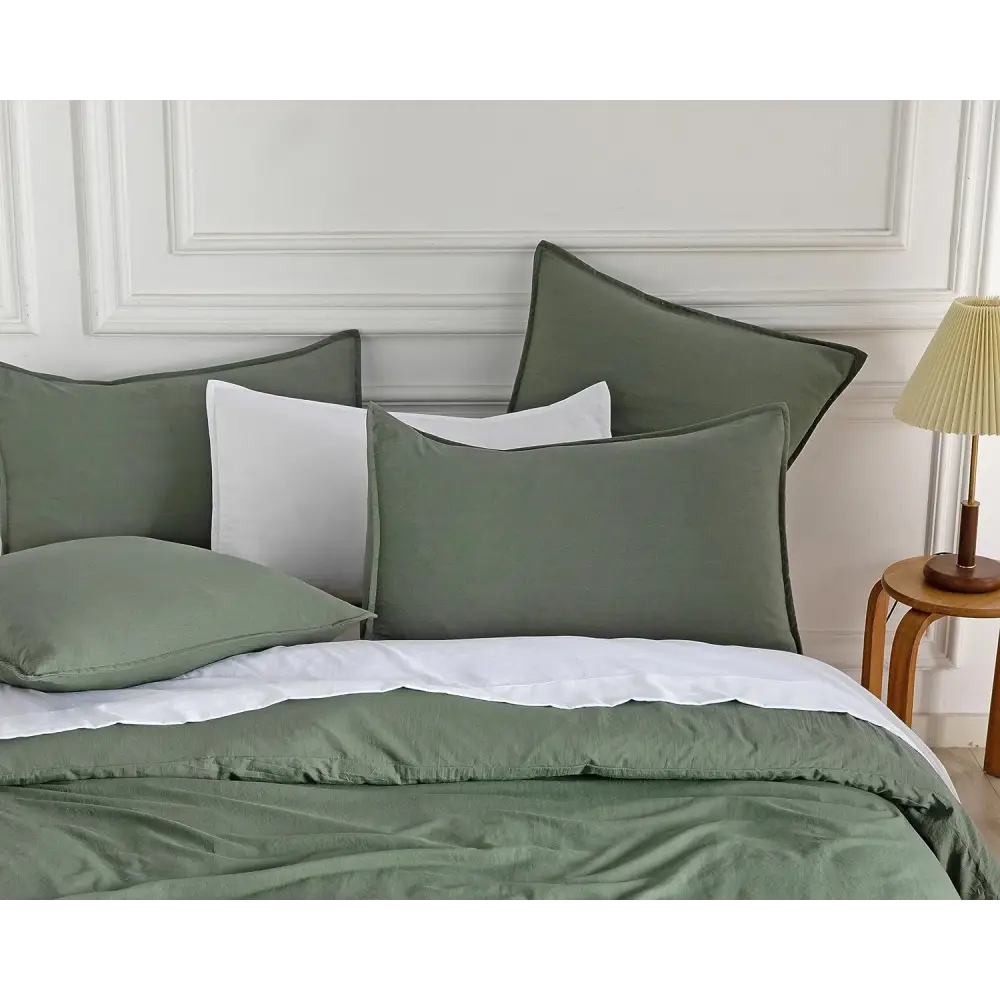 Vintage Washed Microfibre European Pillowcases - Set of 2 Luxurious European Pillow Covers - Khaki Green - Home &