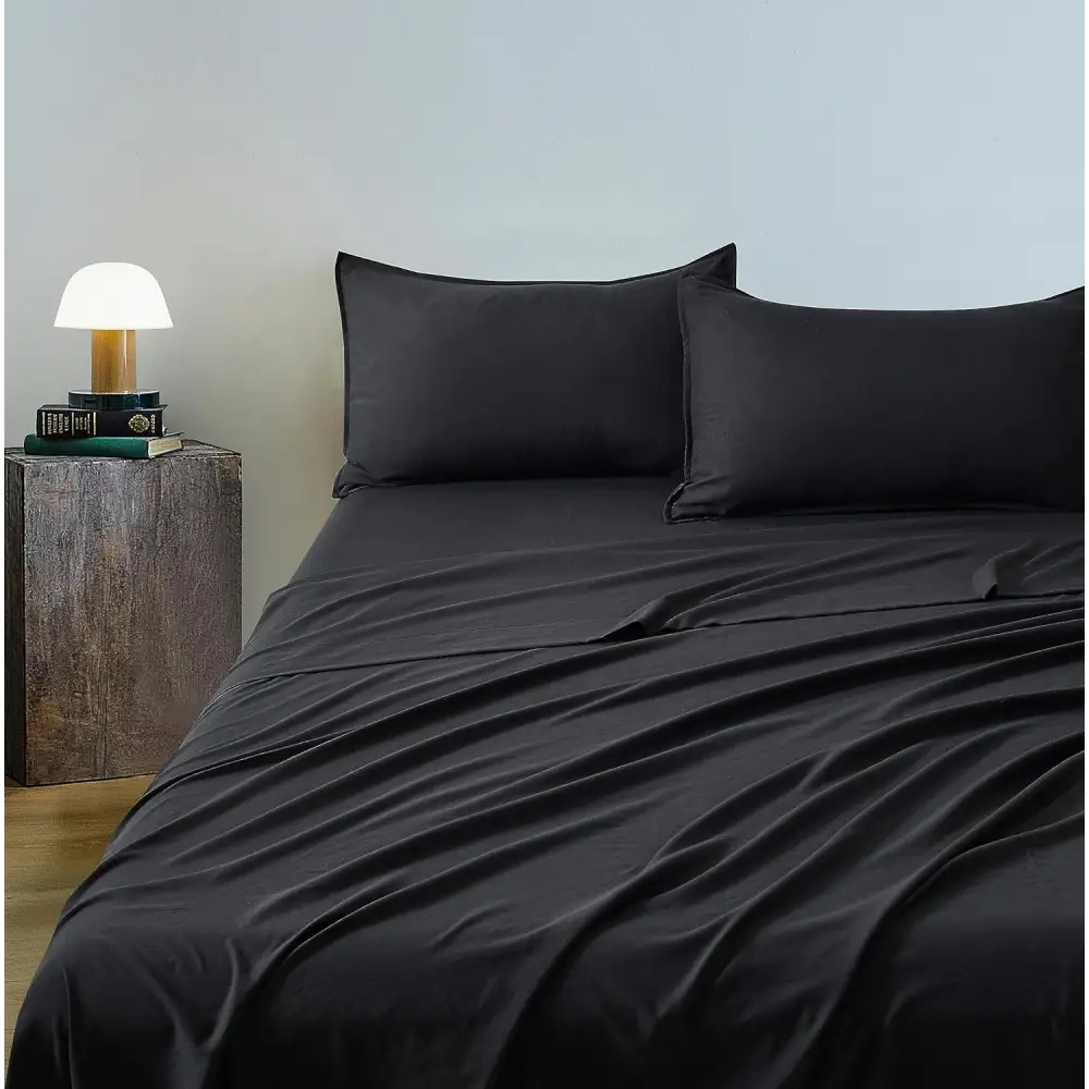 Vintage Washed Microfibre Sheet Set with 1 Pillowcase - Black - King Single - Home & Garden > Bedding > Bed Sheets