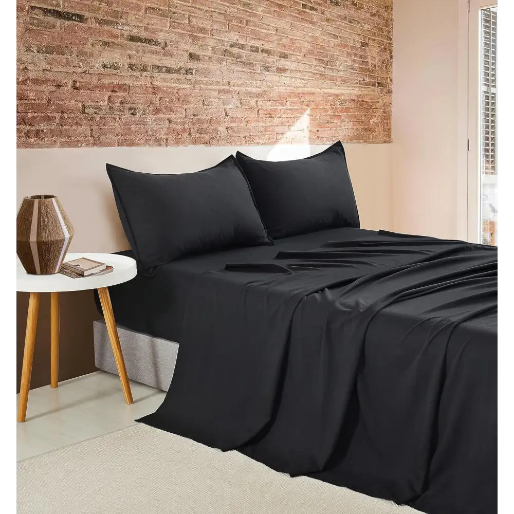 Vintage Washed Microfibre Sheet Set with 1 Pillowcase - Black - King Single - Home & Garden > Bedding > Bed Sheets