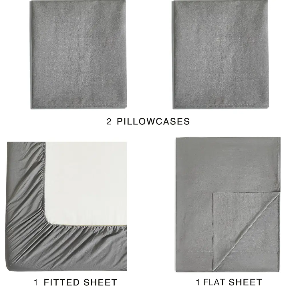 Vintage Washed Microfibre Sheet Set with 1 Pillowcase - Grey - King Single - Home & Garden > Bedding > Bed Sheets