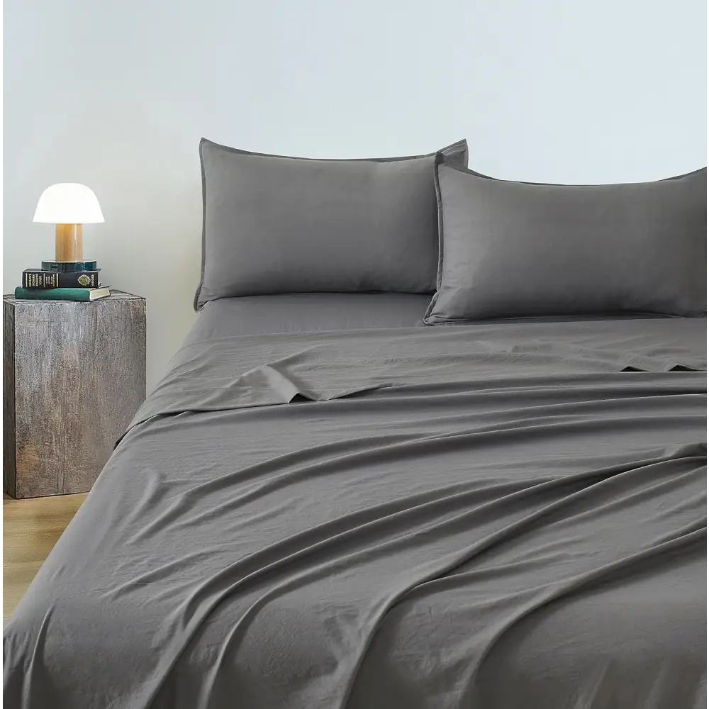 Vintage Washed Microfibre Sheet Set with 1 Pillowcase - Grey - King Single - Home & Garden > Bedding > Bed Sheets