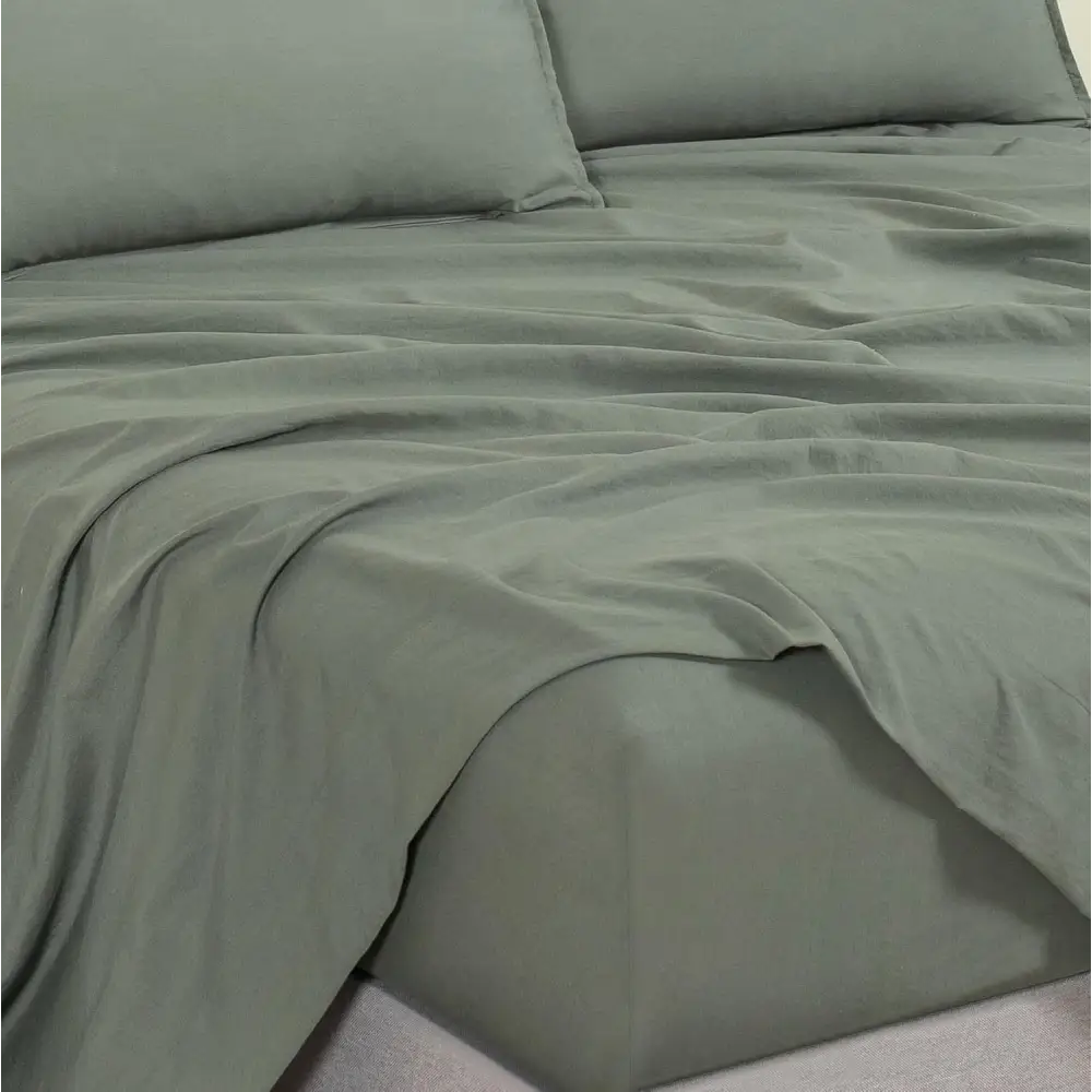 Vintage Washed Microfibre Sheet Set with 1 Pillowcase - Khaki Green - Single - Home & Garden > Bedding > Bed Sheets