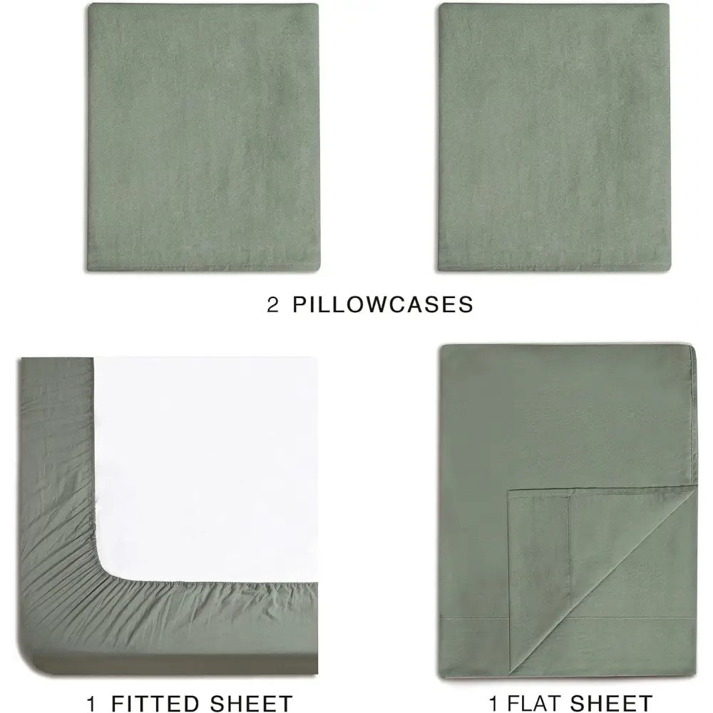 Vintage Washed Microfibre Sheet Set with 1 Pillowcase - Khaki Green - Single - Home & Garden > Bedding > Bed Sheets