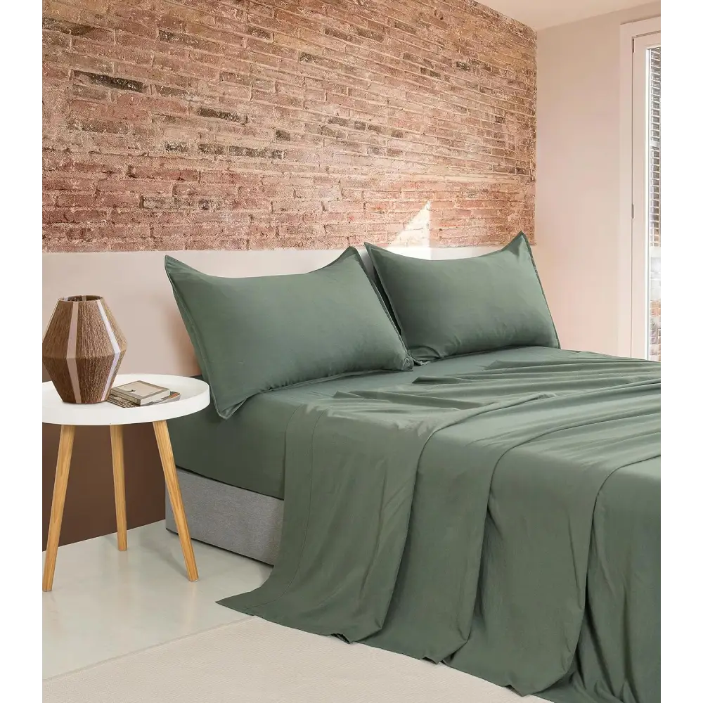Vintage Washed Microfibre Sheet Set with 1 Pillowcase - Khaki Green - Single - Home & Garden > Bedding > Bed Sheets