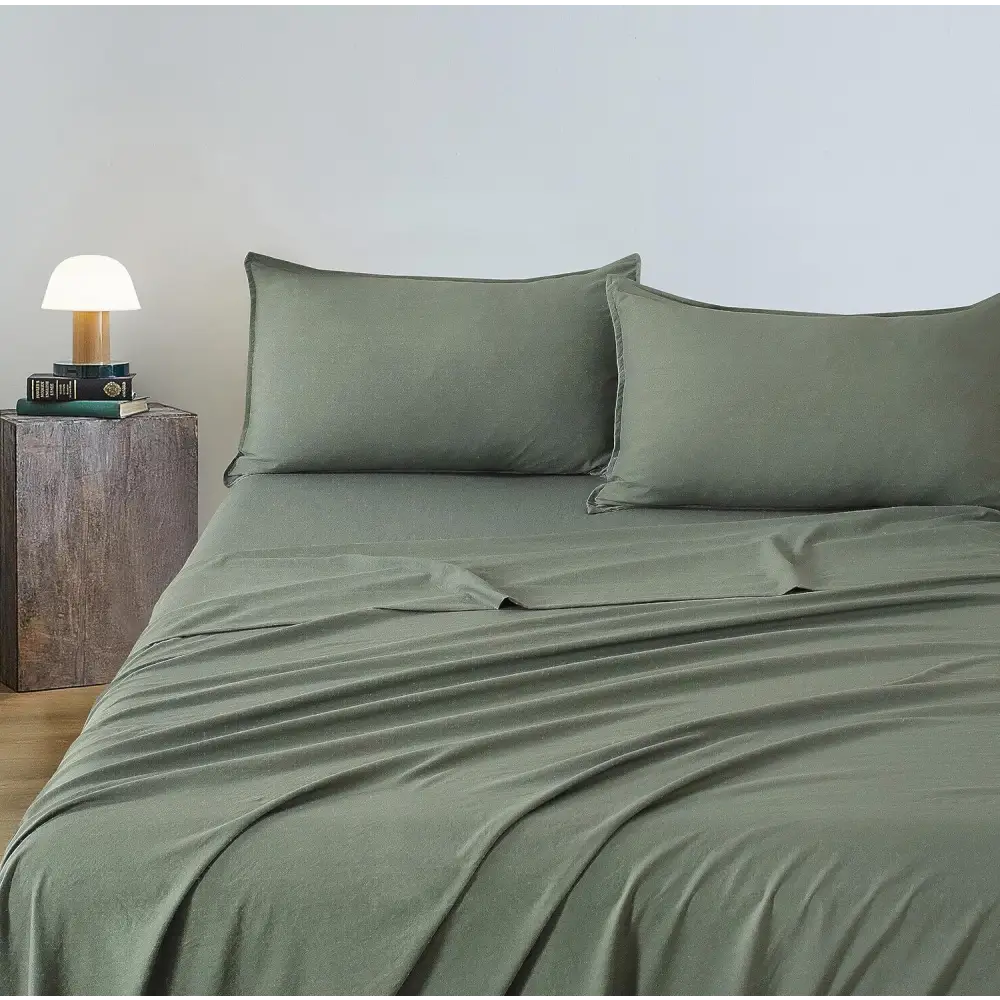 Vintage Washed Microfibre Sheet Set with 1 Pillowcase - Khaki Green - Single - Home & Garden > Bedding > Bed Sheets