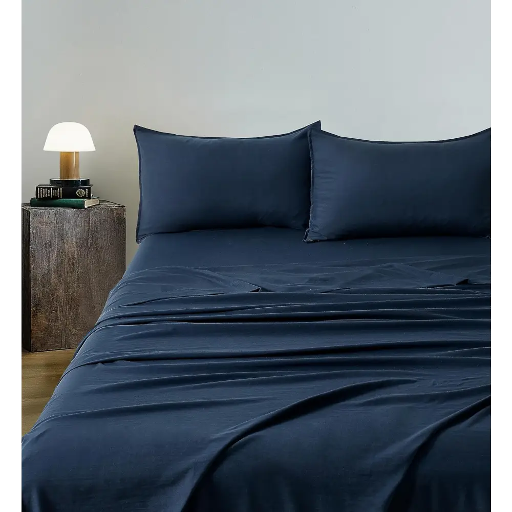 Vintage Washed Microfibre Sheet Set with 1 Pillowcase - Navy - Single - Home & Garden > Bedding > Bed Sheets