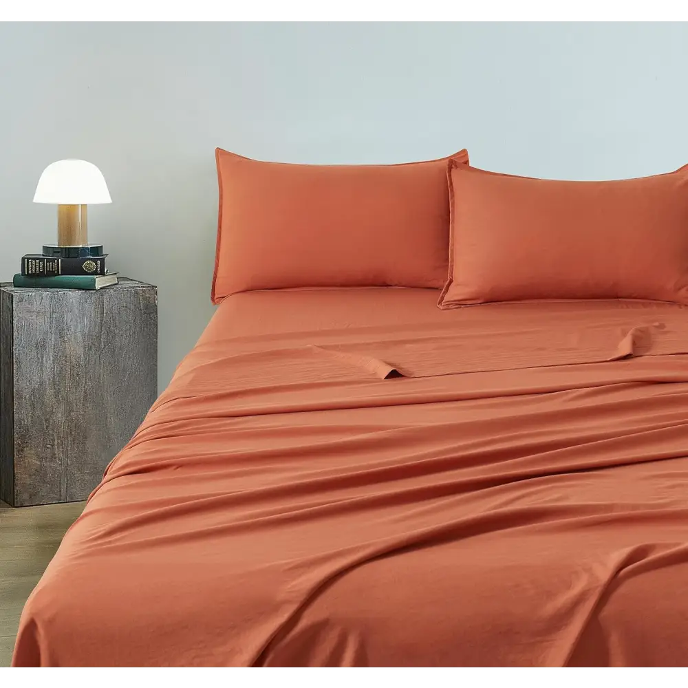 Vintage Washed Microfibre Sheet Set with 1 Pillowcase - Terracotta - King Single - Home & Garden > Bedding > Bed Sheets