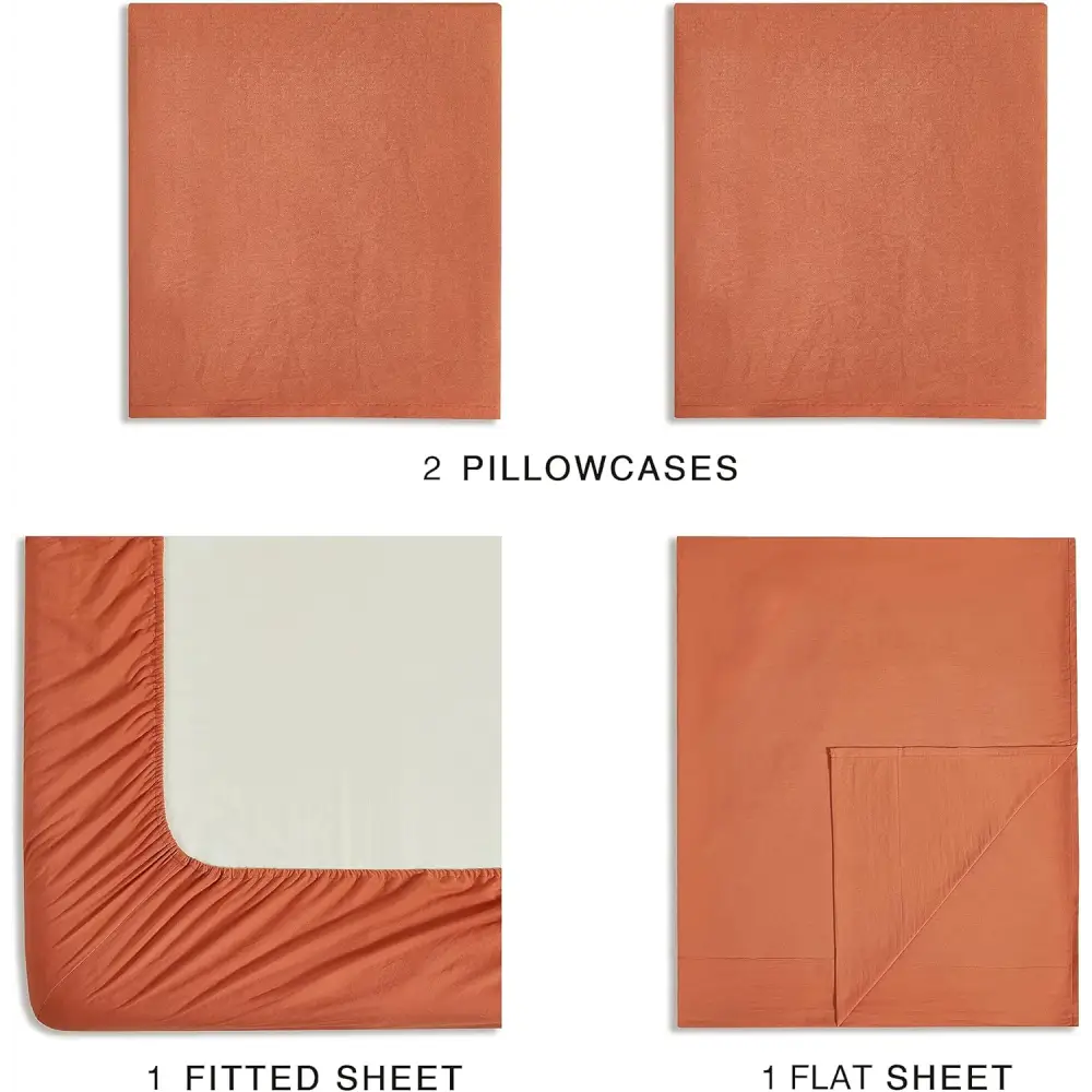 Vintage Washed Microfibre Sheet Set with 1 Pillowcase - Terracotta - King Single - Home & Garden > Bedding > Bed Sheets