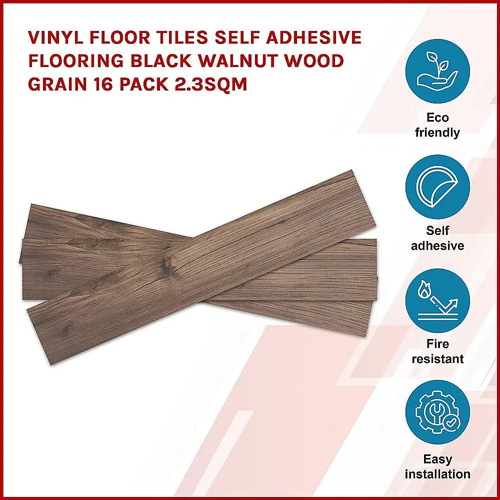Vinyl Floor Tiles Self Adhesive Flooring Black Walnut Wood Grain 16 Pack 2.3SQM - Furniture > Office