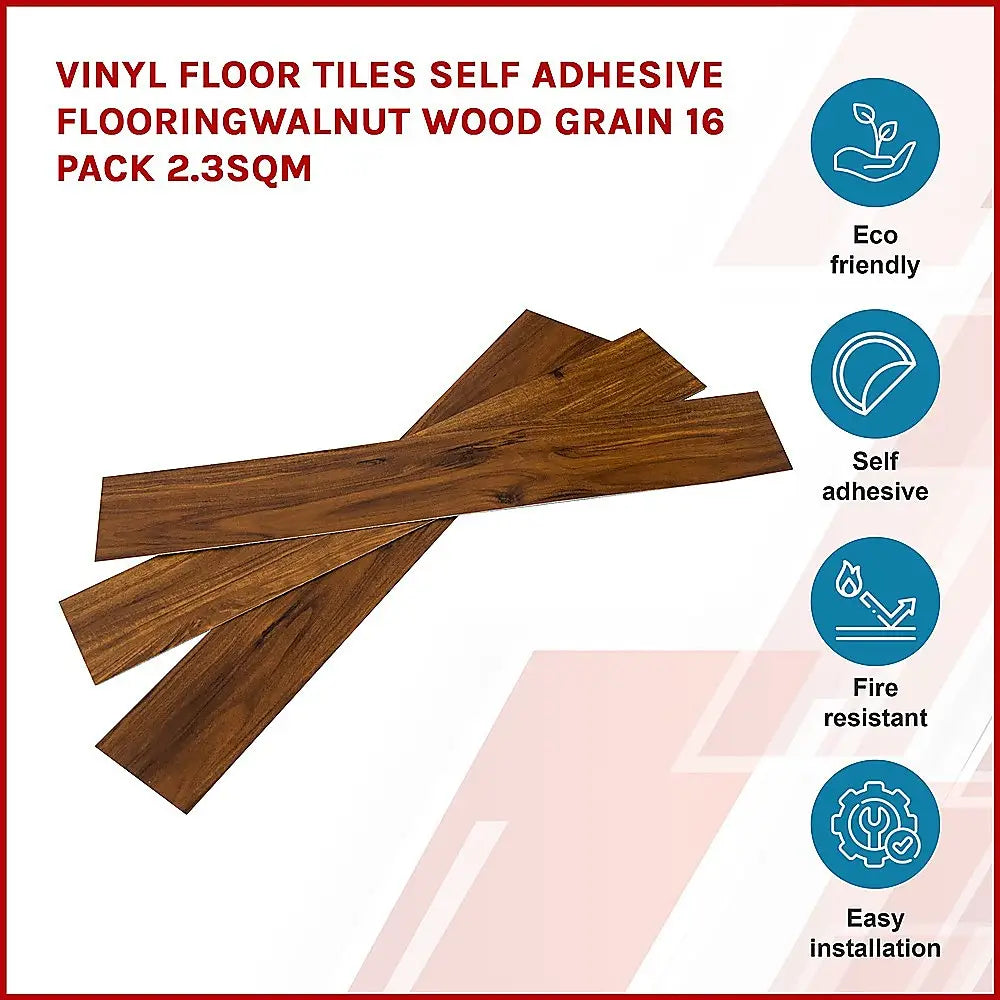 Vinyl Floor Tiles Self Adhesive Flooring Walnut Wood Grain 16 Pack 2.3SQM - Furniture > Office