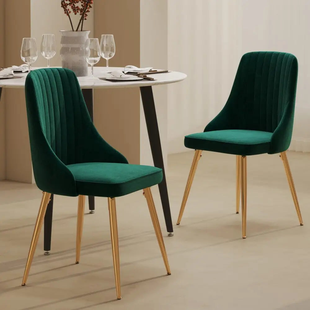 Viva Forever Set of 2 Green Velvet Dining Chairs-Art Deco Design with Gold Metal Legs - Furniture > Dining