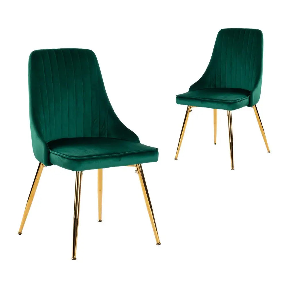 Viva Forever Set of 2 Green Velvet Dining Chairs-Art Deco Design with Gold Metal Legs - Furniture > Dining