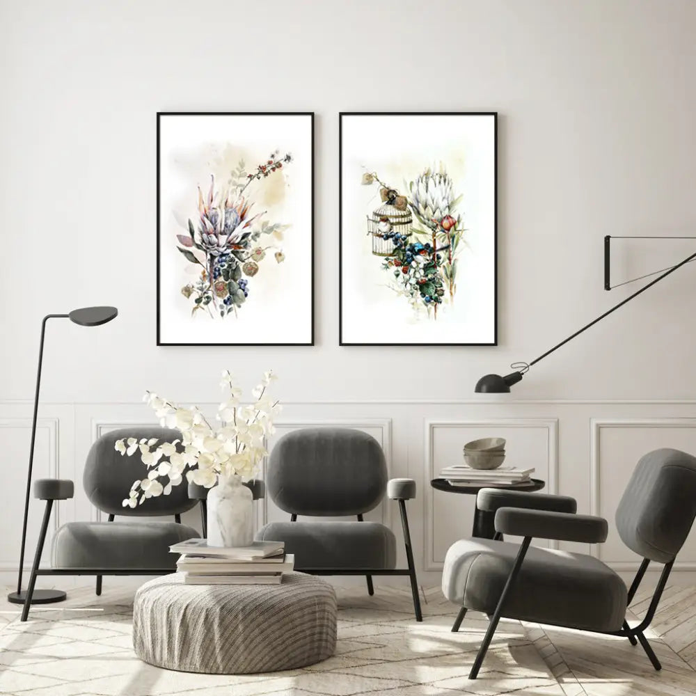 Wall Art 40cmx60cm Berries And Protea 2 Sets Black Frame Canvas - Home & Garden > Wall Art