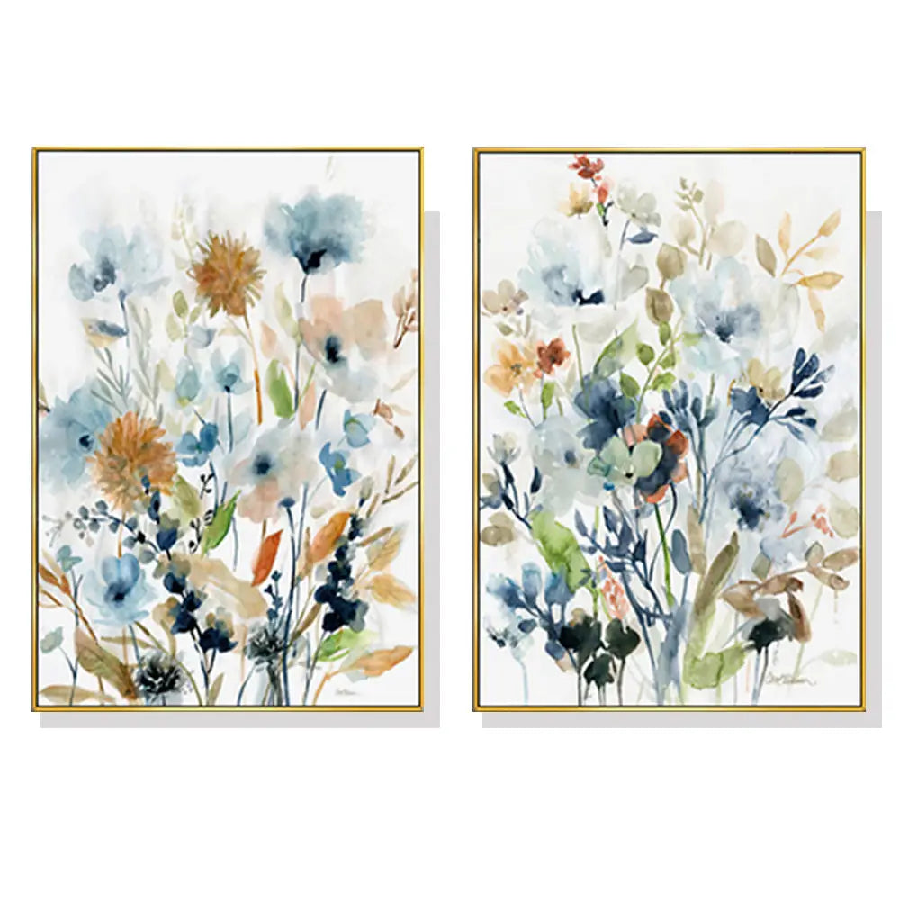Wall Art 40cmx60cm Colourful Floras Watercolour style 2 Sets Gold Frame Canvas - Home & Garden > Wall Art