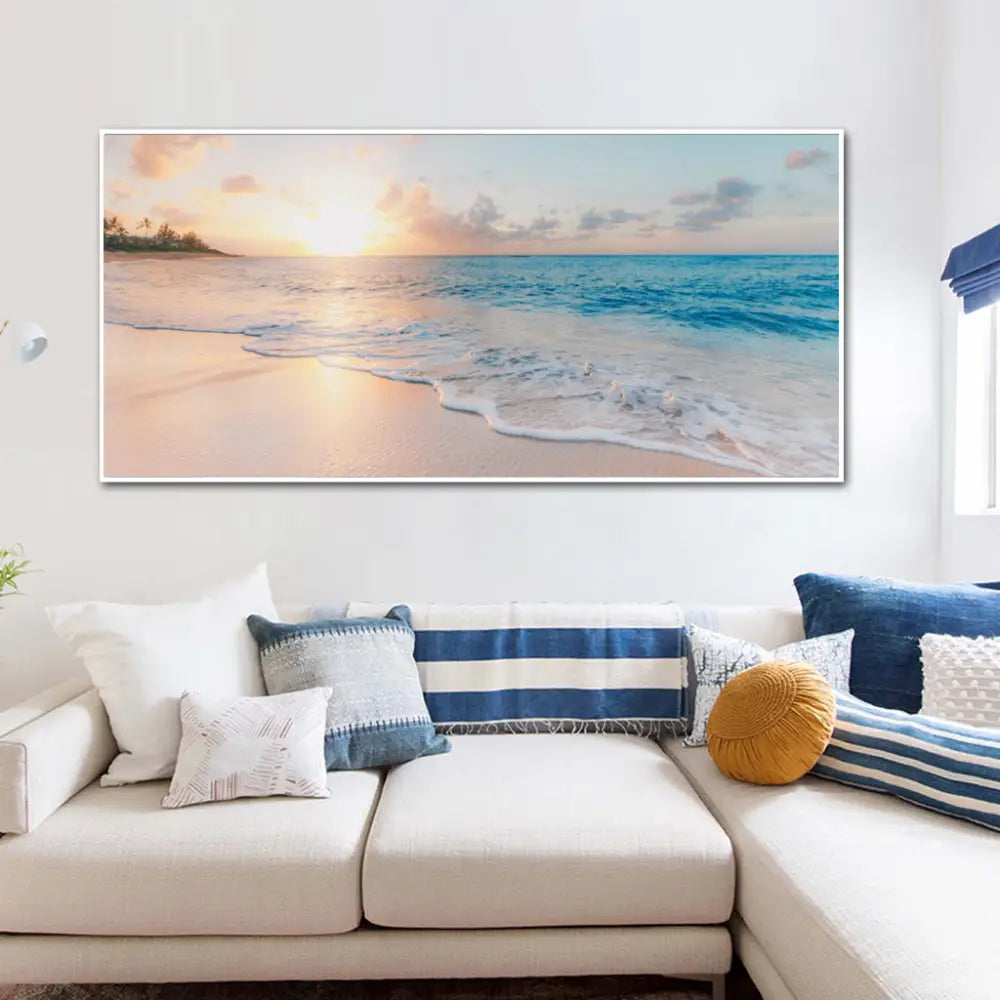Wall Art 50cmx100cm Ocean and Beach White Frame Canvas - Home & Garden > Wall Art