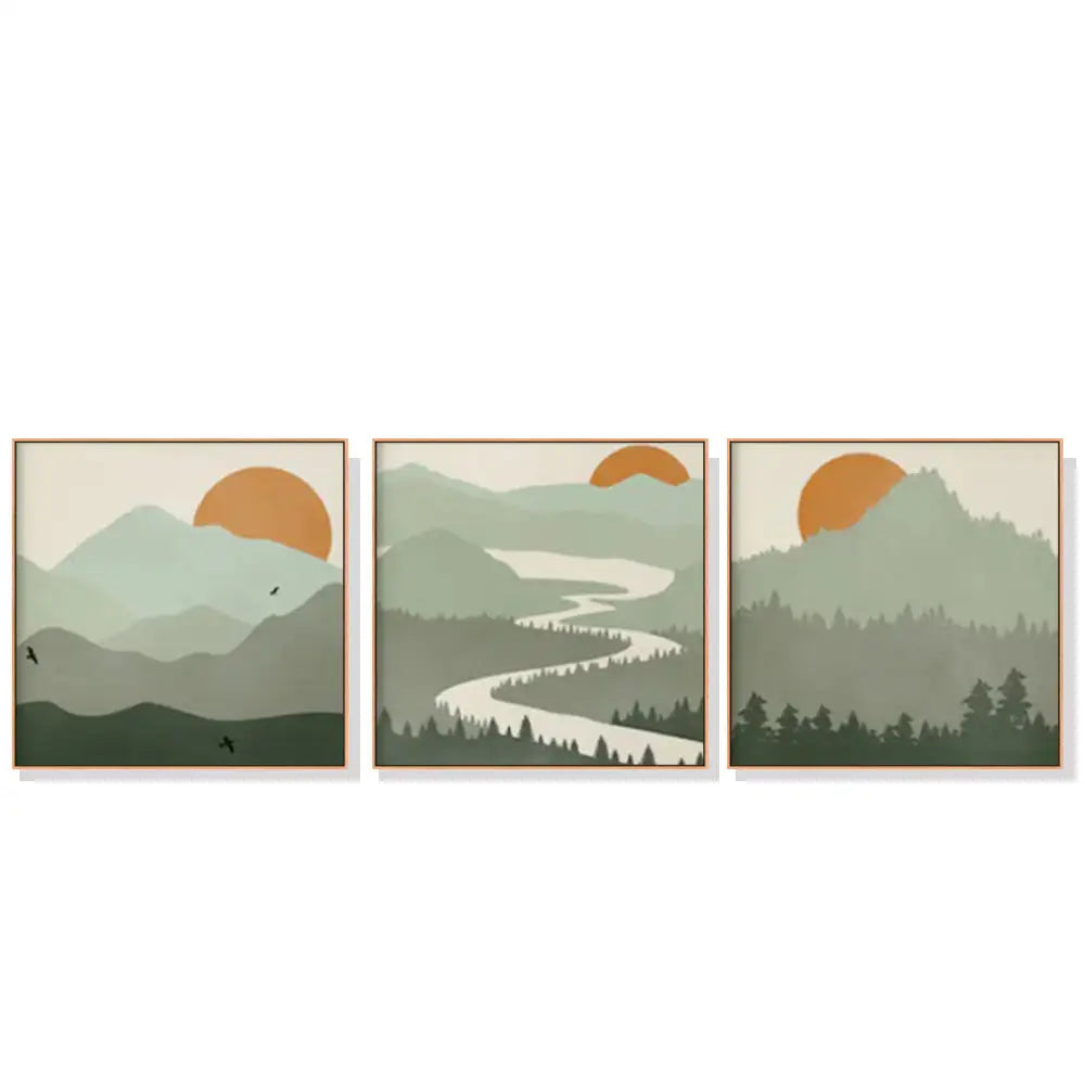 Wall Art 50cmx50cm Sage Green Landscapes 3 Sets Wood Frame Canvas - Home & Garden > Wall Art