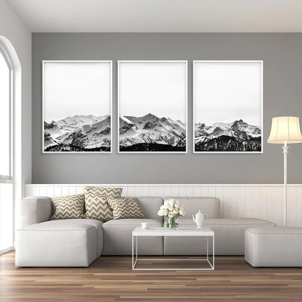 Wall Art 50cmx70cm Black White Mountain 3 Sets White Frame Canvas - Home & Garden > Wall Art