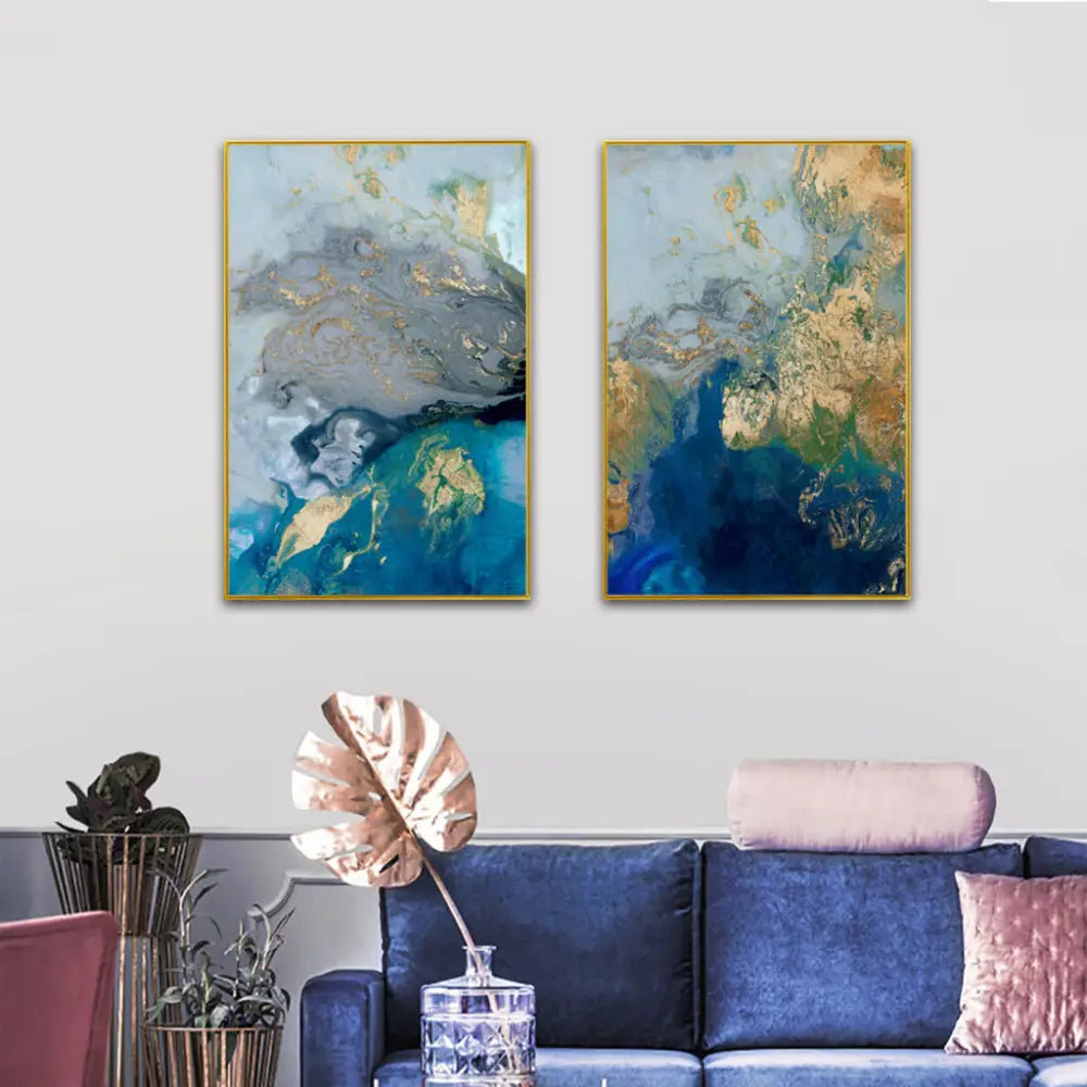 Wall Art 50cmx70cm Marbled Blue And Gold 2 Sets Gold Frame Canvas - Home & Garden > Wall Art