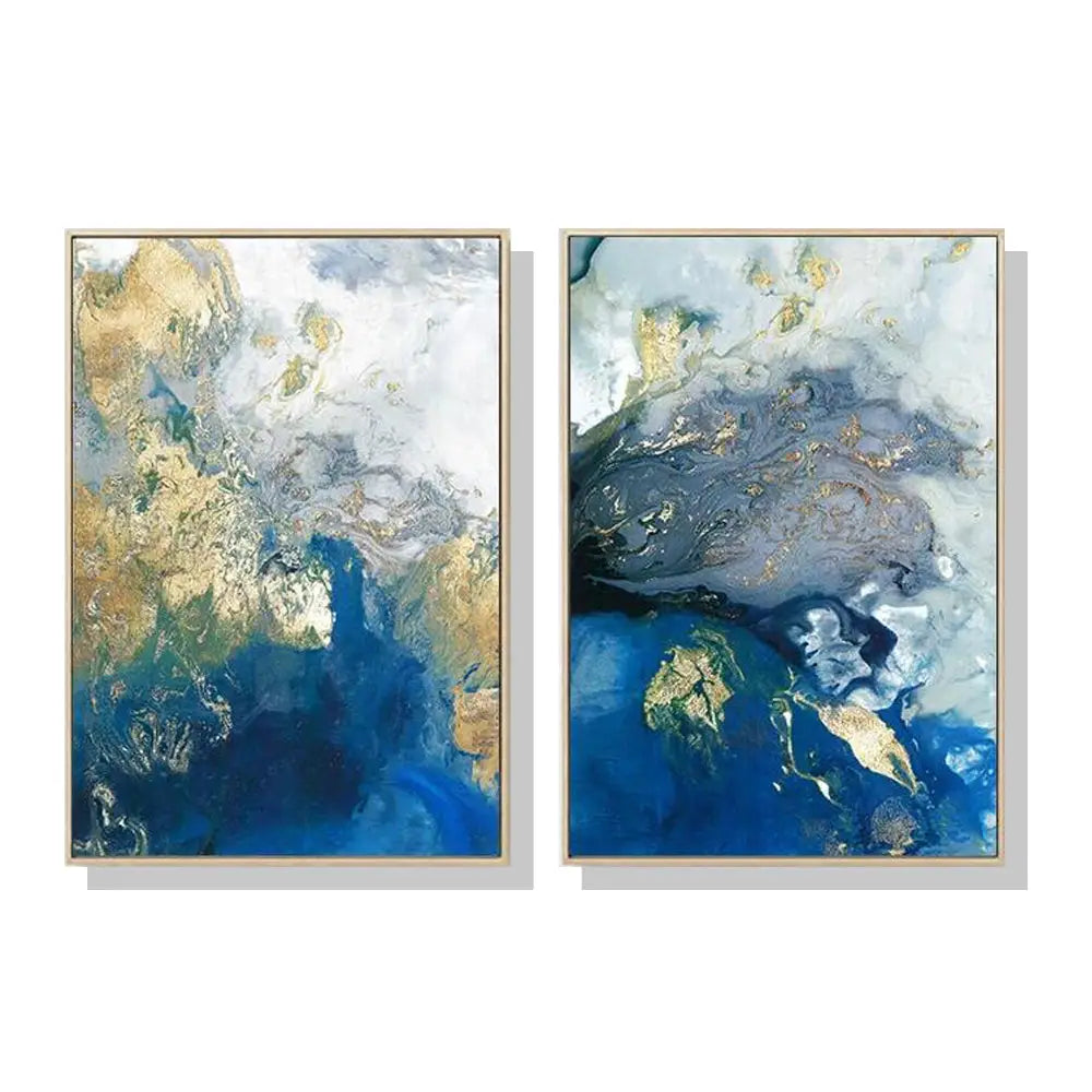 Wall Art 60cmx90cm Marbled Blue And Gold 2 Sets Gold Frame Canvas - Home & Garden > Wall Art
