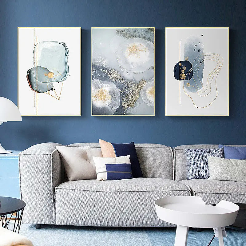 Wall Art 60cmx90cm Marbled Light Grey 3 Sets Gold Frame Canvas - Home & Garden > Wall Art