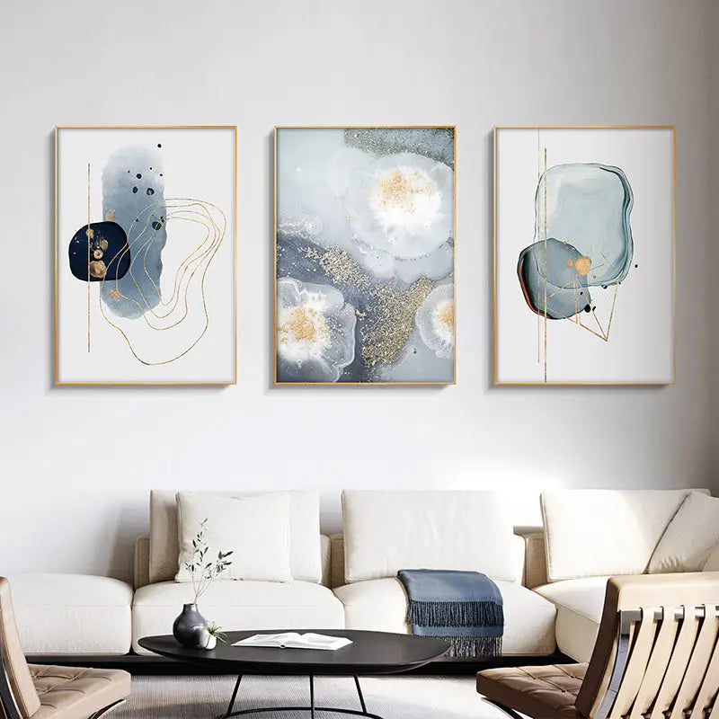 Wall Art 60cmx90cm Marbled Light Grey 3 Sets Gold Frame Canvas - Home & Garden > Wall Art