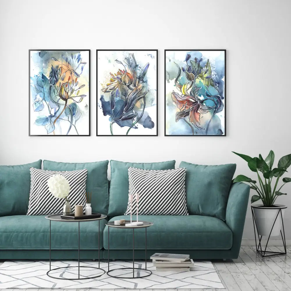 Wall Art 60cmx90cm Watercolor Style Abstract Flower 3 Sets Black Frame Canvas - Home & Garden > Wall Art