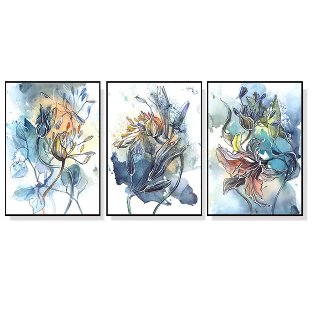 Wall Art 60cmx90cm Watercolor Style Abstract Flower 3 Sets Black Frame Canvas - Home & Garden > Wall Art
