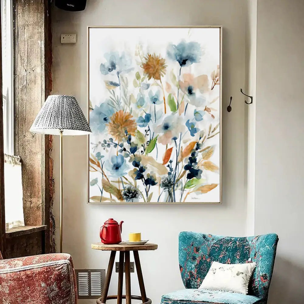 Wall Art 70cmx100cm Colourful Floras Watercolour style I Gold Frame Canvas - Home & Garden > Wall Art