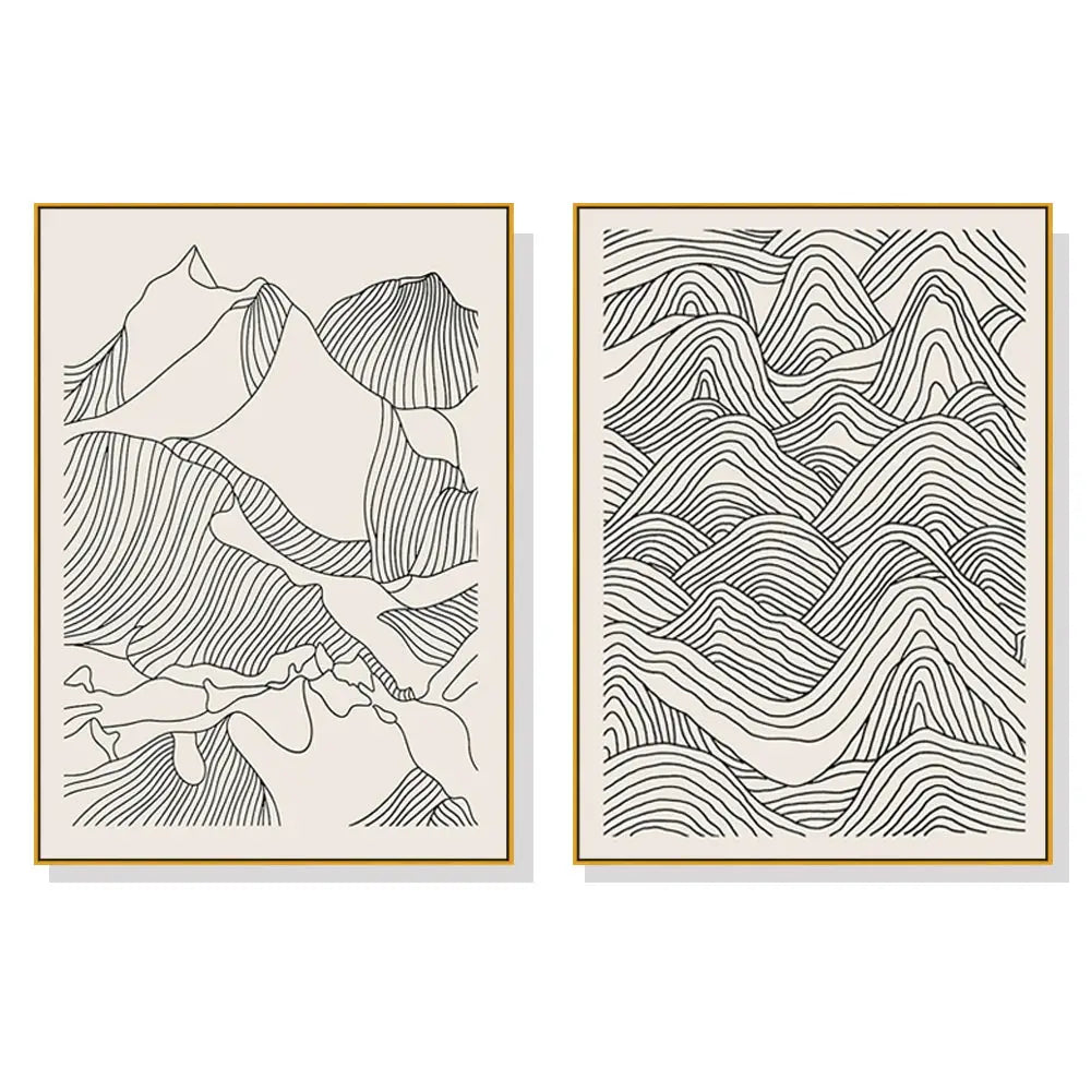 Wall Art 70cmx100cm Line Art Mountain 2 Sets Gold Frame Canvas - Home & Garden > Wall Art