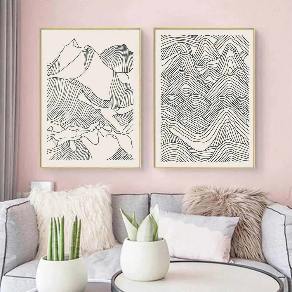 Wall Art 70cmx100cm Line Art Mountain 2 Sets Gold Frame Canvas - Home & Garden > Wall Art