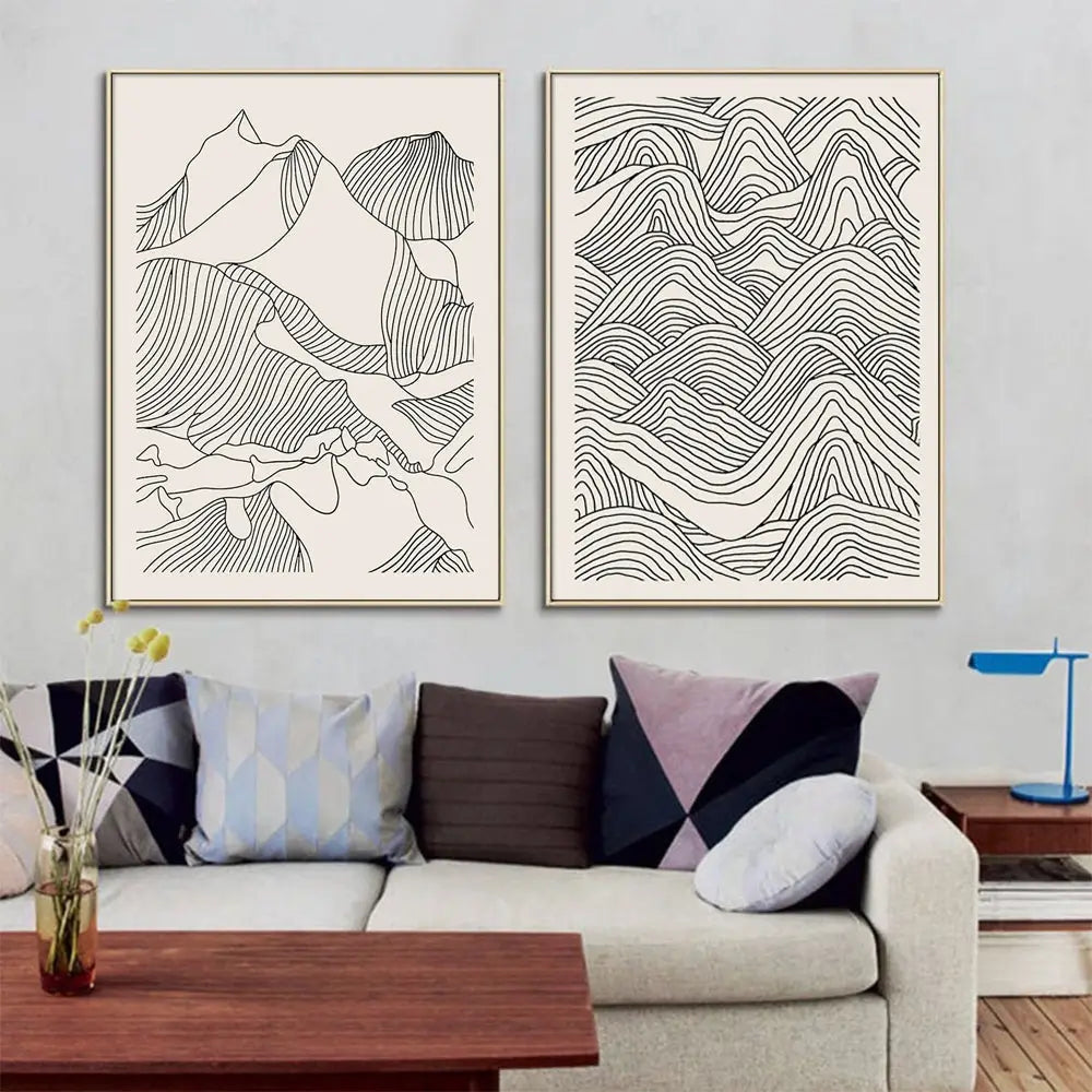 Wall Art 70cmx100cm Line Art Mountain 2 Sets Gold Frame Canvas - Home & Garden > Wall Art