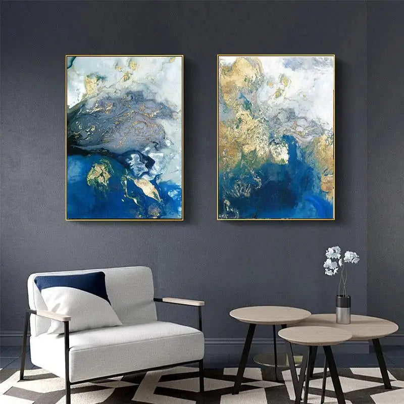 Wall Art 70cmx100cm Marbled Blue And Gold 2 Sets Gold Frame Canvas - Home & Garden > Wall Art