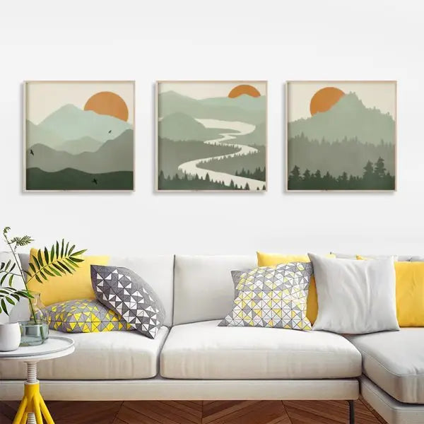 Wall Art 70cmx70cm Sage Green Landscapes 3 Sets Wood Frame Canvas - Home & Garden > Wall Art
