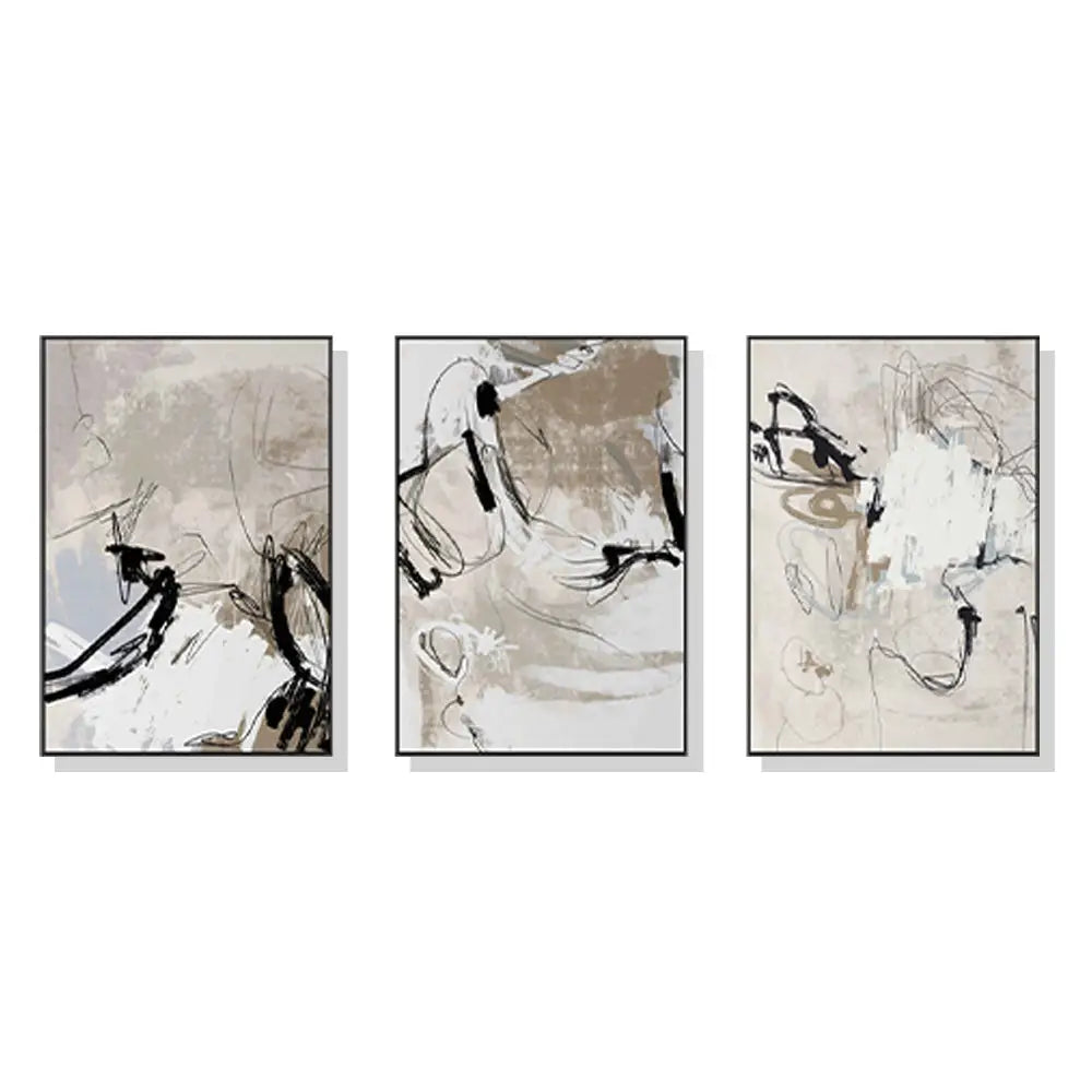 Wall Art 80cmx120cm Modern Abstract Beige 3 Sets Black Frame Canvas - Home & Garden > Wall Art