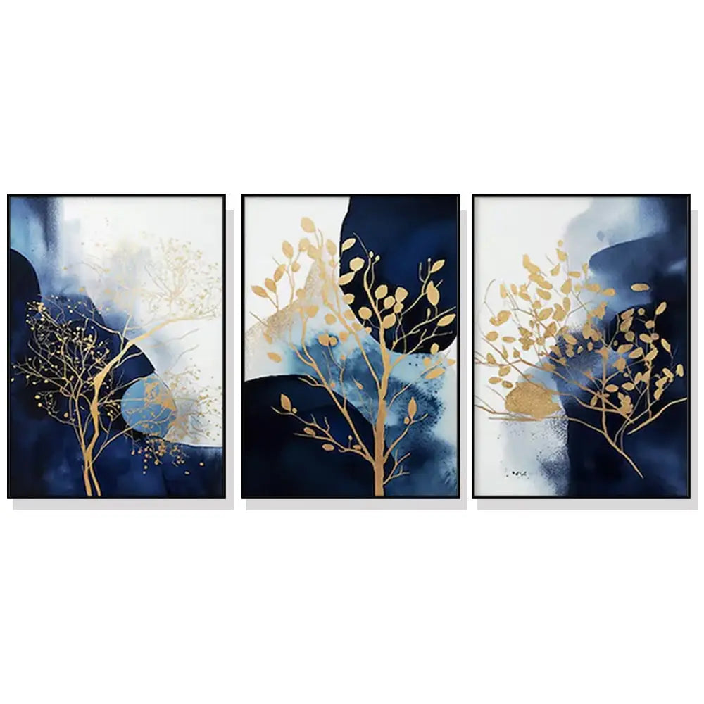 Wall Art 80cmx120cm Navy and Gold Watercolor Shapes 3 Sets Black Frame Canvas - Home & Garden > Wall Art