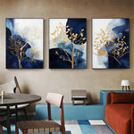 Wall Art 80cmx120cm Navy and Gold Watercolor Shapes 3 Sets Black Frame Canvas - Home & Garden > Wall Art