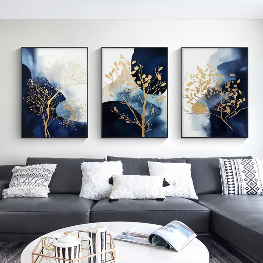 Wall Art 80cmx120cm Navy and Gold Watercolor Shapes 3 Sets Black Frame Canvas - Home & Garden > Wall Art