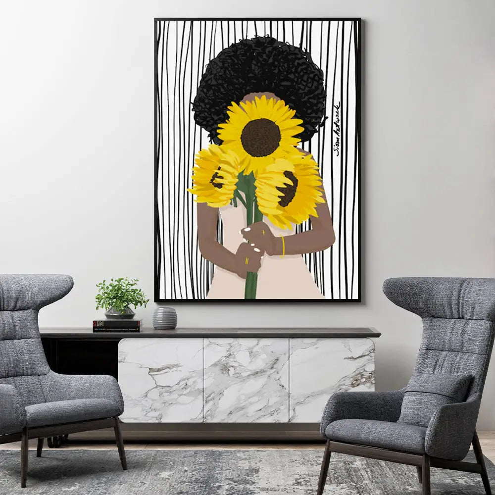 Wall Art 90cmx135cm African Woman Sunflower Black Frame Canvas - Home & Garden > Wall Art