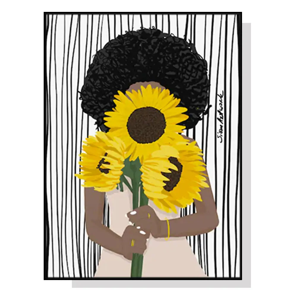 Wall Art 90cmx135cm African Woman Sunflower Black Frame Canvas - Home & Garden > Wall Art