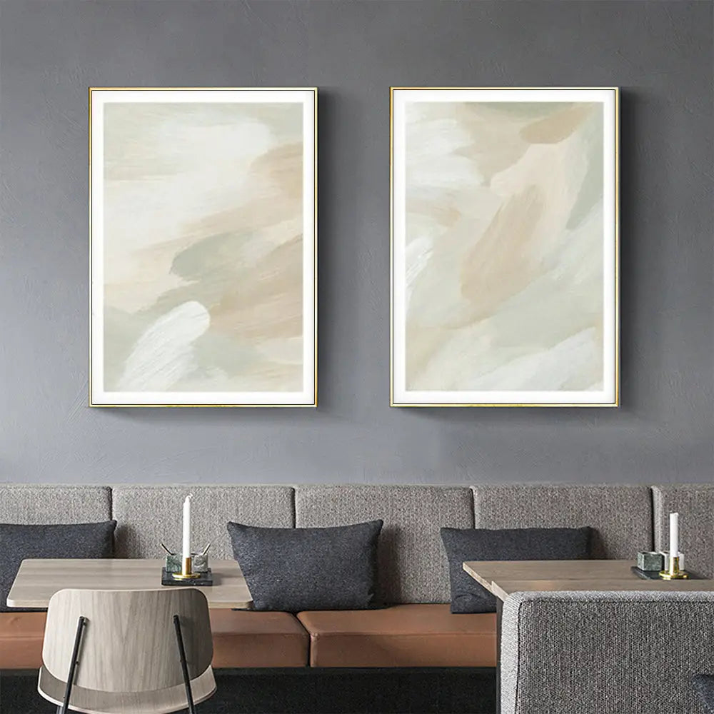 Wall Art 90cmx135cm Beige and Sage Green 2 Sets Gold Frame Canvas - Home & Garden > Wall Art