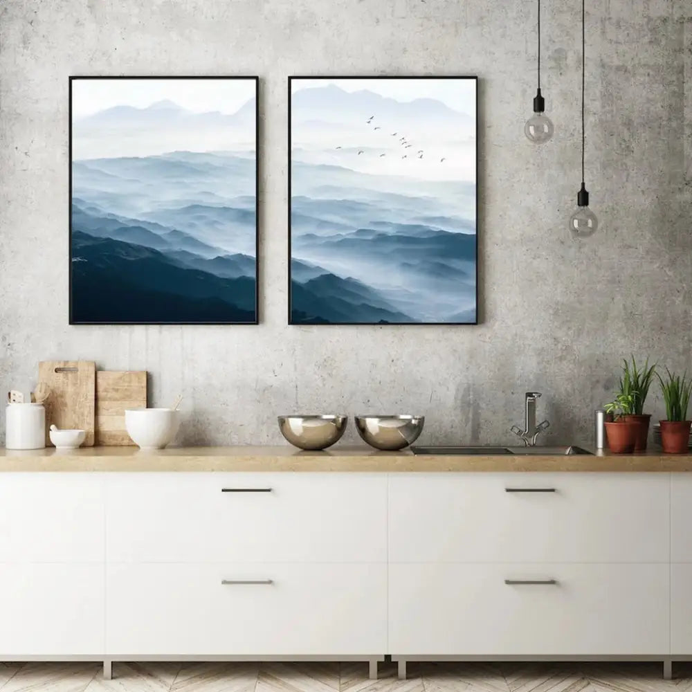 Wall Art 90cmx135cm Blue mountains 2 Sets Black Frame Canvas - Home & Garden > Wall Art