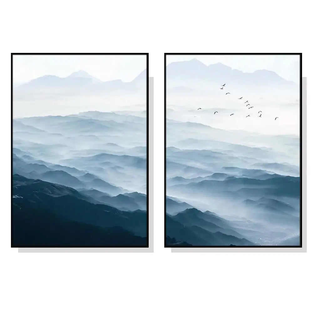 Wall Art 90cmx135cm Blue mountains 2 Sets Black Frame Canvas - Home & Garden > Wall Art
