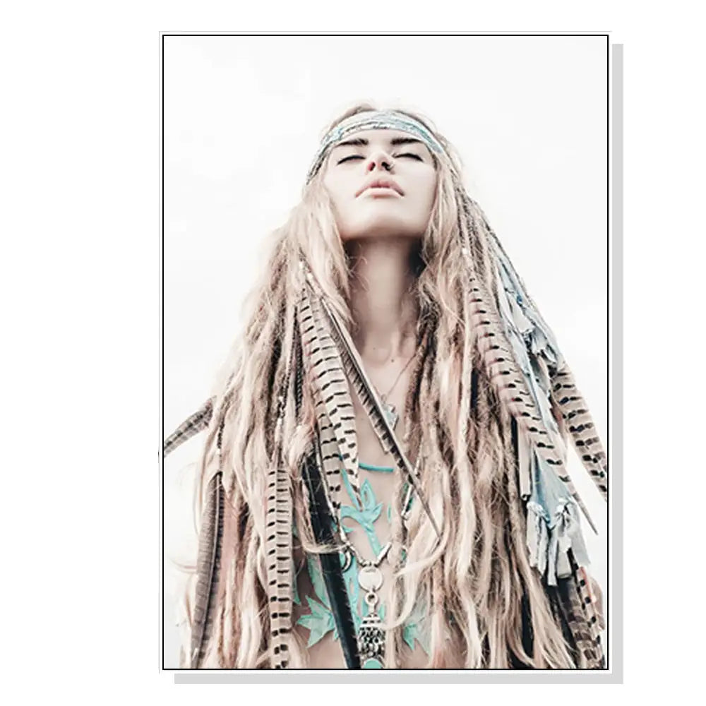 Wall Art 90cmx135cm BOHO Girl White Frame Canvas - Home & Garden > Wall Art
