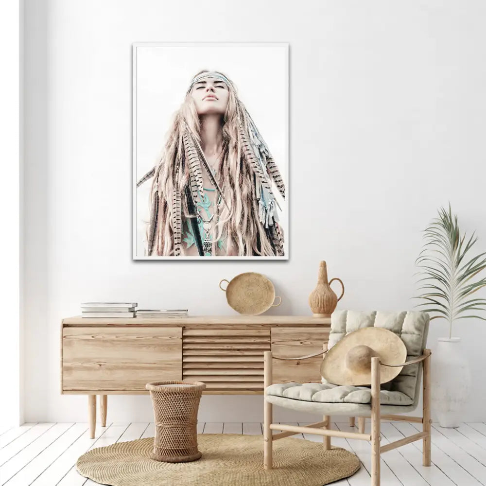 Wall Art 90cmx135cm BOHO Girl White Frame Canvas - Home & Garden > Wall Art