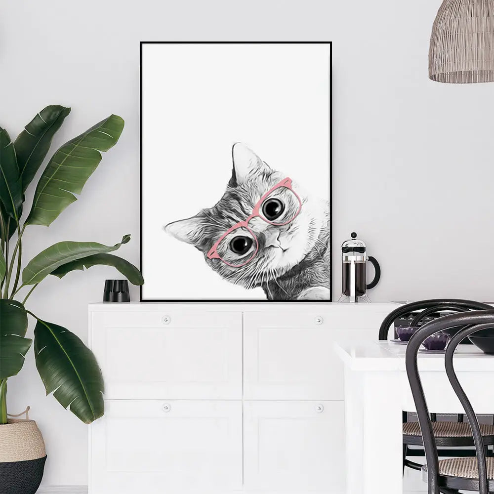 Wall Art 90cmx135cm Cat With Glasses Black Frame Canvas - Home & Garden > Wall Art
