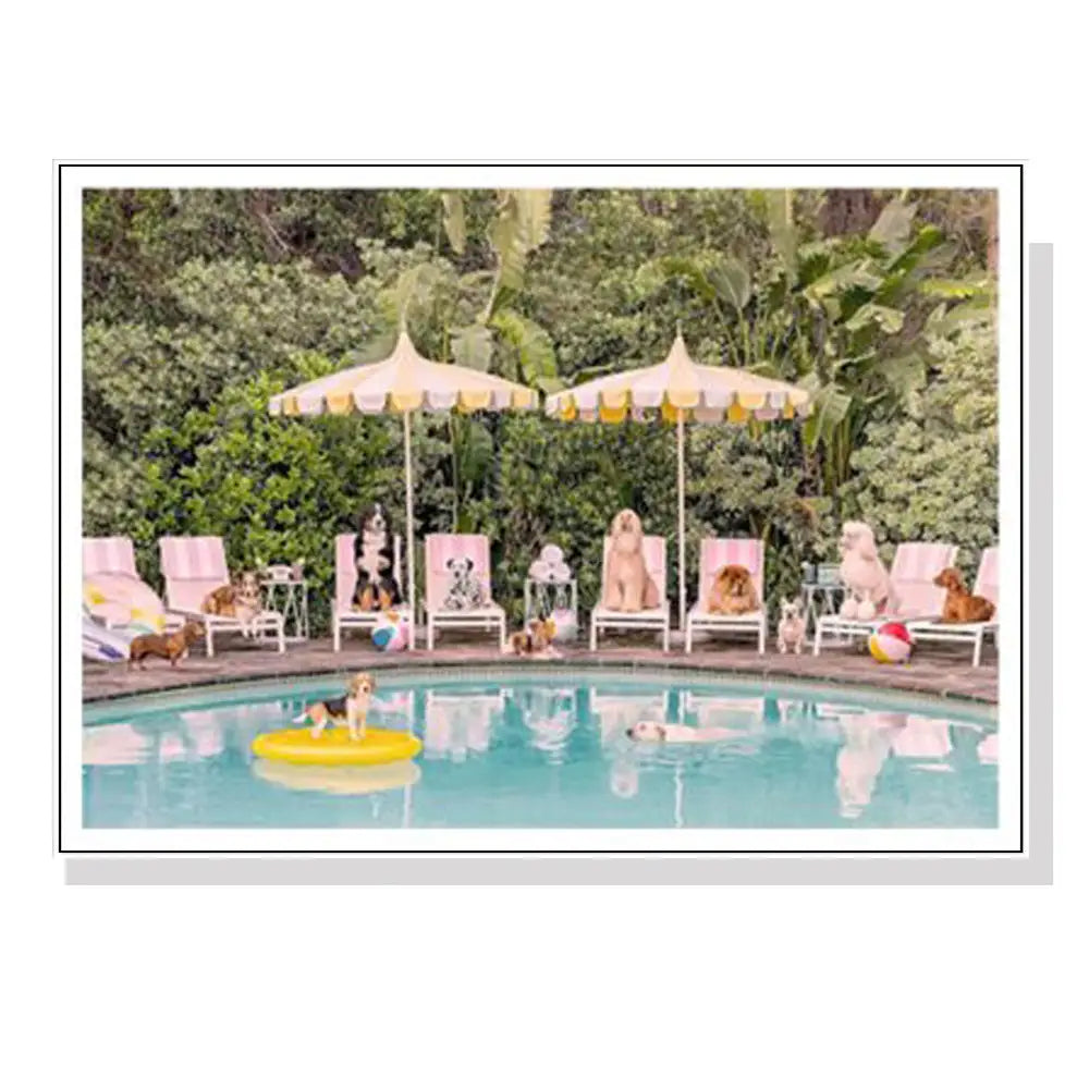 Wall Art 90cmx135cm Dogs at Beverley Hills Hotel White Frame Canvas - Home & Garden > Wall Art