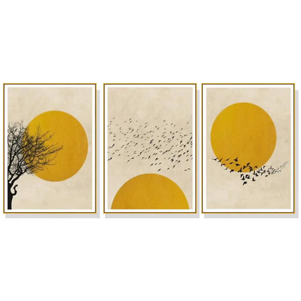 Wall Art 90cmx135cm Flock Of Birds Sun Silhouette 3 Sets Gold Frame Canvas - Home & Garden > Wall Art