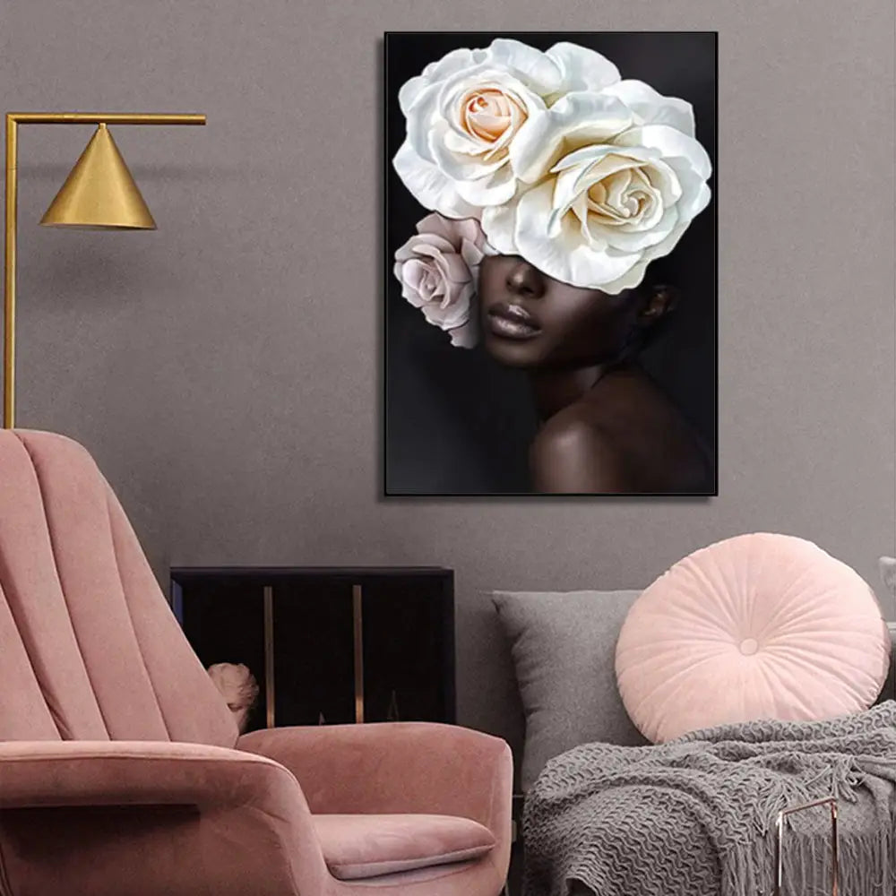 Wall Art 90cmx135cm Flower African Woman Black Frame Canvas - Home & Garden > Wall Art