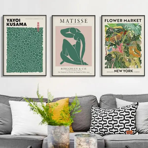 Wall Art 90cmx135cm Flower Market Matisse Print Yayoi Kusama 3 Sets Black Frame Canvas - Home & Garden > Wall Art